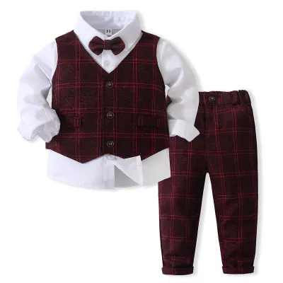 Kids Toddler Boys Party Casual British Style Bows Vest Long Sleeve Lapel Shirt Trousers Set
