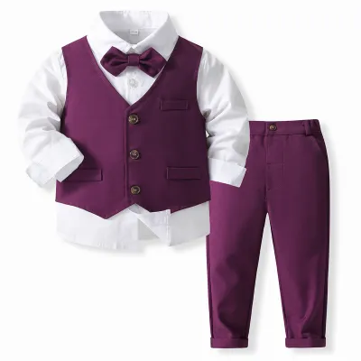 Kids Toddler Boys Party Casual British Style Bows Vest Long-Sleeved Lapel Shirt Trousers Set