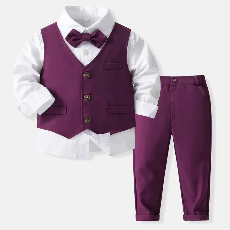 Kids Toddler Boys Party Casual British Style Bows Vest Long-Sleeved Lapel Shirt Trousers Set