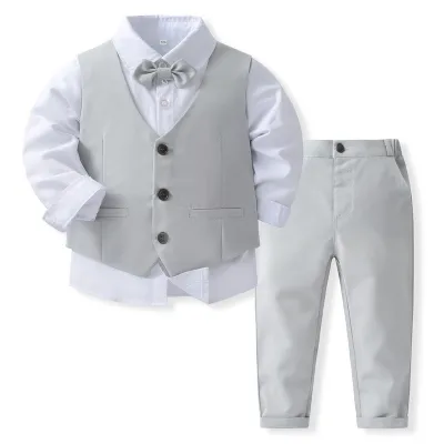 Kids Toddler Boys Party Casual British Style Bow Vest Long-Sleeved Lapel Shirt Trousers Set