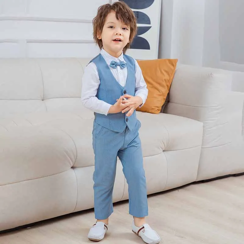 Kids Toddler Boys Party Casual British Style Bow Vest Long-Sleeved Lapel Shirt Trousers Set