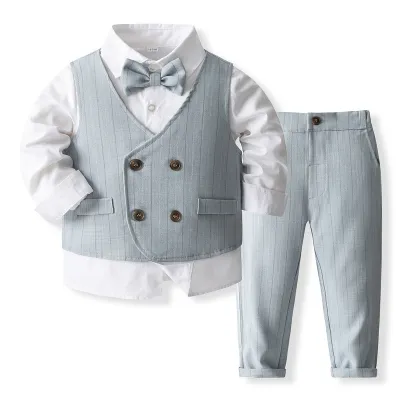 Kids Toddler Boys Party Casual British Style Vest Long-Sleeved Striped Lapel Shirt Trousers Three-Piece Cotton Suit Set