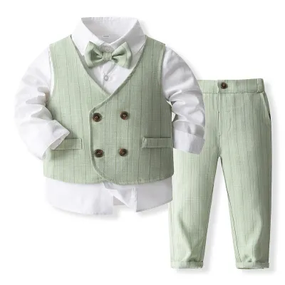 Kids Toddler Boys Party Casual British Style Vest Long-Sleeved Striped Lapel Shirt Trousers Three-Piece Cotton Suit Set