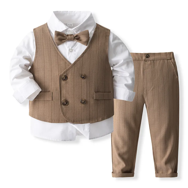 Kids Toddler Boys Party Casual British Style Vest Long-Sleeved Striped Lapel Shirt Trousers Three-Piece Cotton Suit Set
