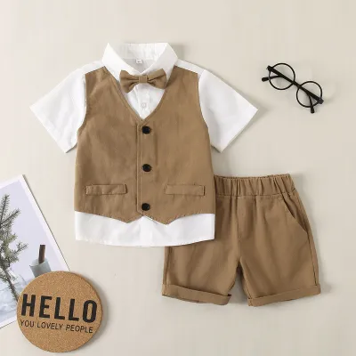 Kids Toddler Boys Party Casual British Style Vest Short Sleeve Shirt False Two Piece Shorts Set