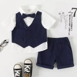 Kids Toddler Boys Party Casual British Style Vest Short Sleeve Shirt False Two Piece Shorts Set