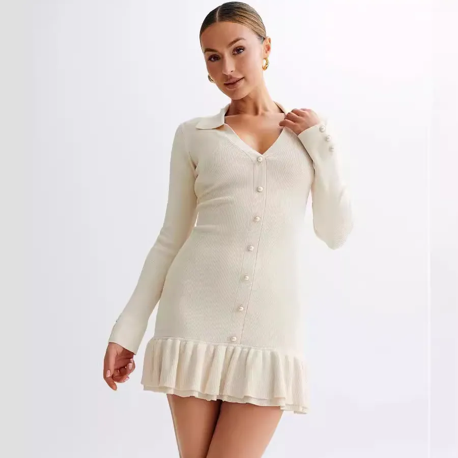 Women's V-Neck Long Sleeve Pearl Buckle Back Bow Strap Knitted Dress
