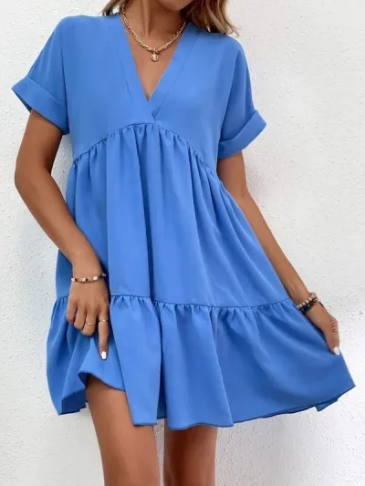 Summer Women Casual V-Neck Short Sleeve Large Swing Dress
