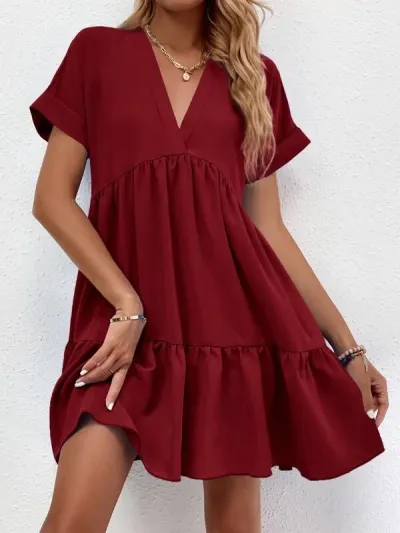 Summer Women Casual V-Neck Short Sleeve Large Swing Dress