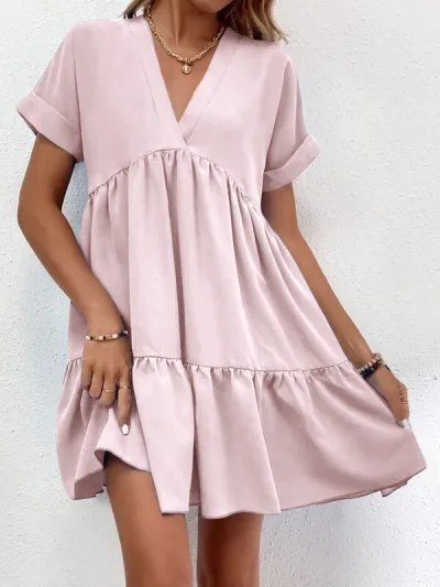 Summer Women Casual V-Neck Short Sleeve Large Swing Dress