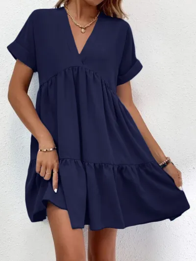 Summer Women Casual V-Neck Short Sleeve Large Swing Dress