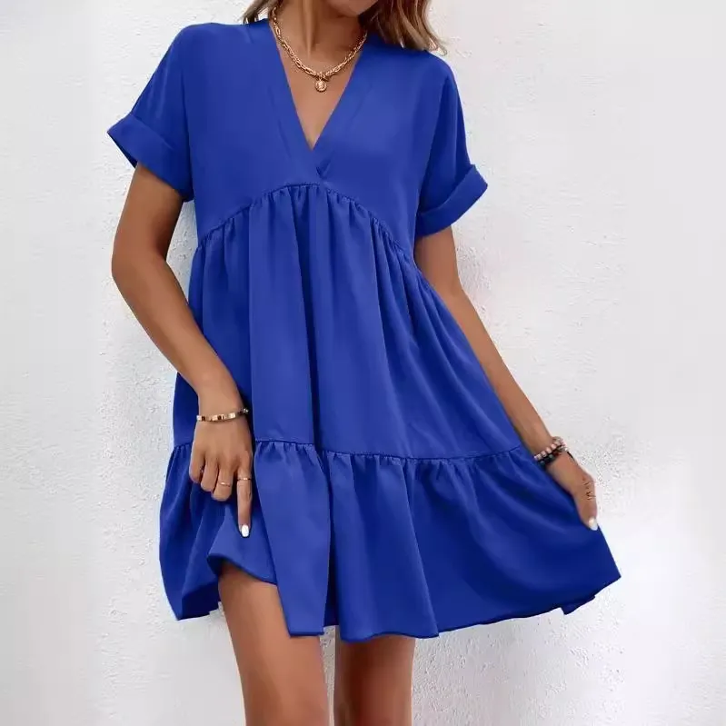 Summer Women Casual V-Neck Short Sleeve Large Swing Dress
