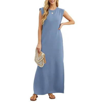 Summer Women Casual Solid Color Sleeveless Maxi Dress with Crewneck