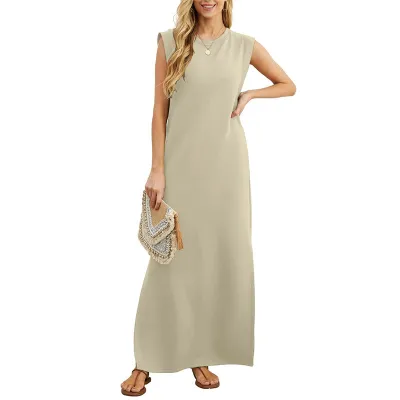 Summer Women Casual Solid Color Sleeveless Maxi Dress with Crewneck