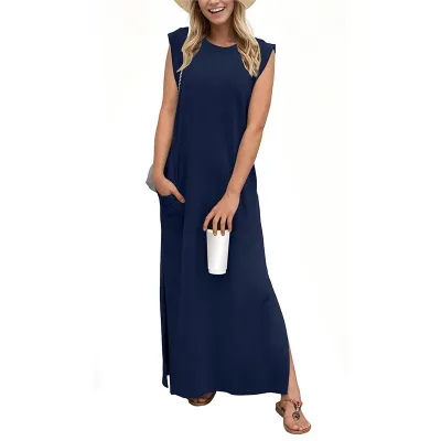 Summer Women Casual Solid Color Sleeveless Maxi Dress with Crewneck