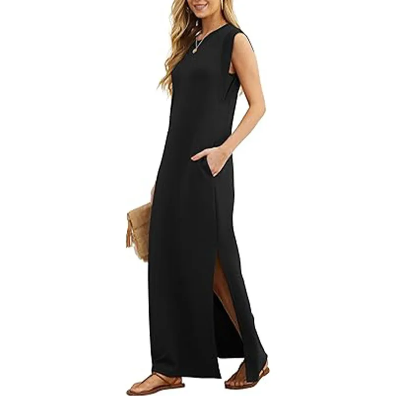 Summer Women Casual Solid Color Sleeveless Maxi Dress with Crewneck