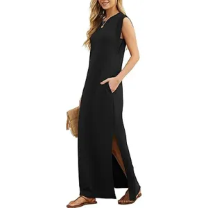Summer Women Casual Solid Color Sleeveless Maxi Dress with Crewneck