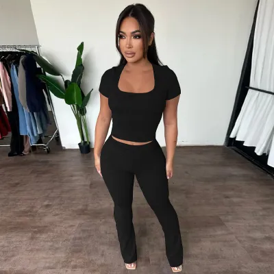 Summer Women Casual Solid Color Round Neck Short Sleeve Crop Top Pants Two-Piece Set