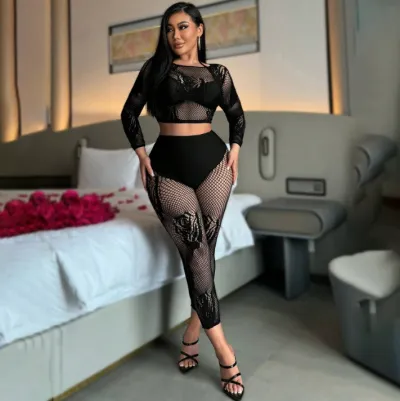 Women Fashion Sexy Mesh Hollow Long Sleeve Crop Top Pants Two-Piece Set