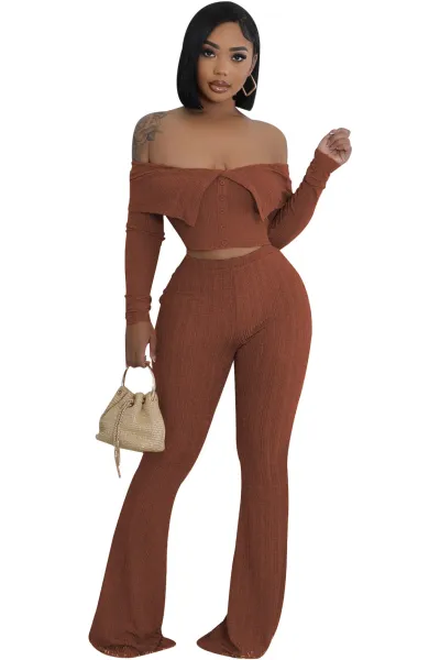 Women Sexy Off Shoulder Crop Top Wide Leg Pants Set Long Sleeve Elegant