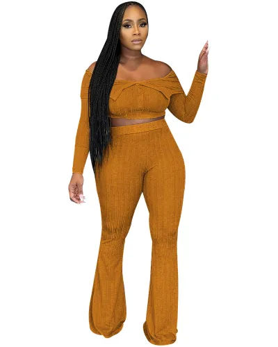Women Sexy Off Shoulder Crop Top Wide Leg Pants Set Long Sleeve Elegant