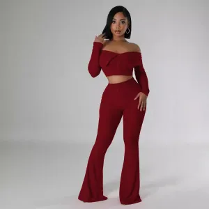 Women Sexy Off Shoulder Crop Top Wide Leg Pants Set Long Sleeve Elegant
