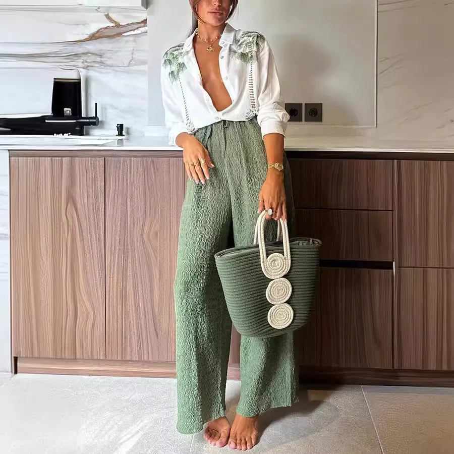 Women Casual Coconut Tree Print Long-Sleeved Shirt Wide-Leg Pants Two-Piece Set