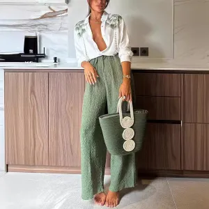 Women Casual Coconut Tree Print Long-Sleeved Shirt Wide-Leg Pants Two-Piece Set