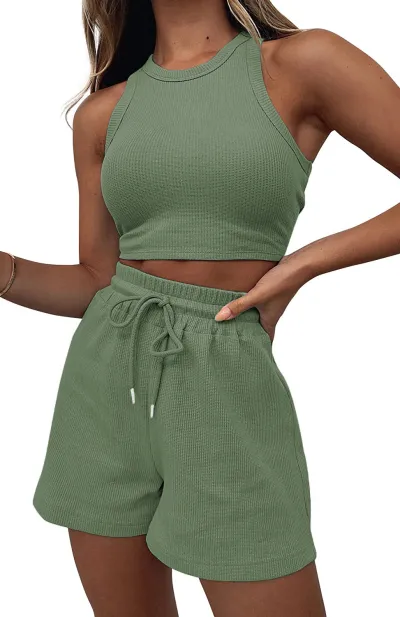 Summer Women Casual Solid Color Sleeveless Tank Top Drawstring Shorts Two-Piece Set