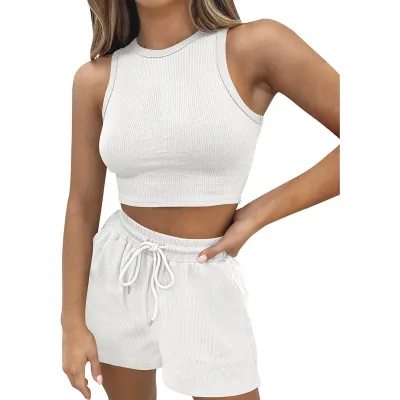 Summer Women Casual Solid Color Sleeveless Tank Top Drawstring Shorts Two-Piece Set