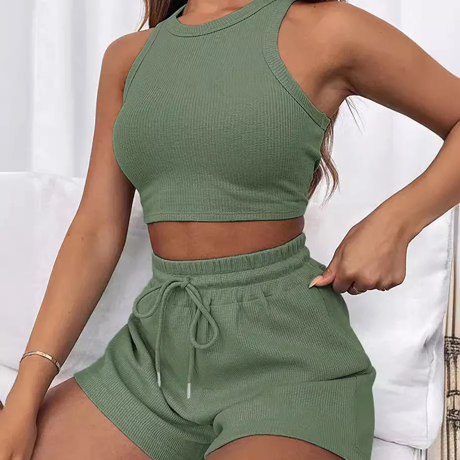 Summer Women Casual Solid Color Sleeveless Tank Top Drawstring Shorts Two-Piece Set