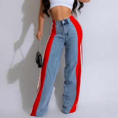 Women Fashion Stitching Three Stripe High Waist Stretch Wide Leg Jeans