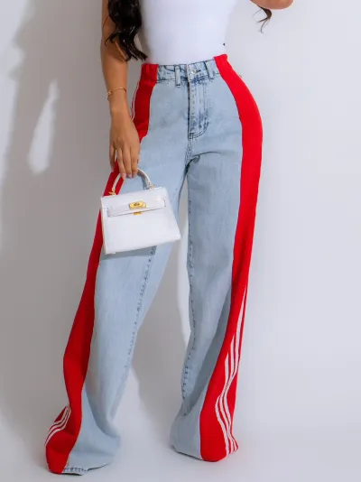 Women Fashion Stitching Three Stripe High Waist Stretch Wide Leg Jeans