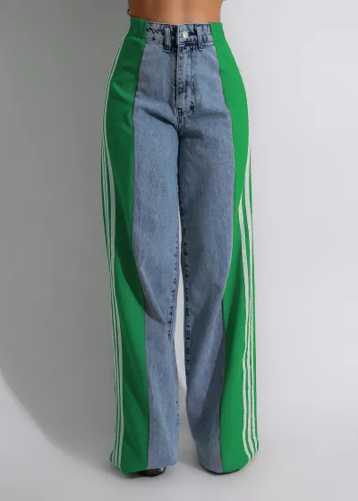 Women Fashion Stitching Three Stripe High Waist Stretch Wide Leg Jeans