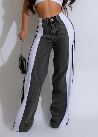 Women Fashion Stitching Three Stripe High Waist Stretch Wide Leg Jeans