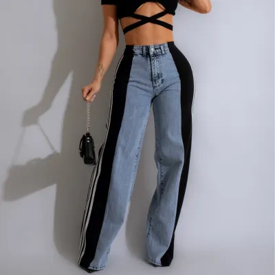 Women Fashion Stitching Three Stripe High Waist Stretch Wide Leg Jeans