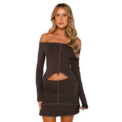 Women Fashion Sexy Off Shoulder Long Sleeve Crop Top Skirt Two-Piece Set
