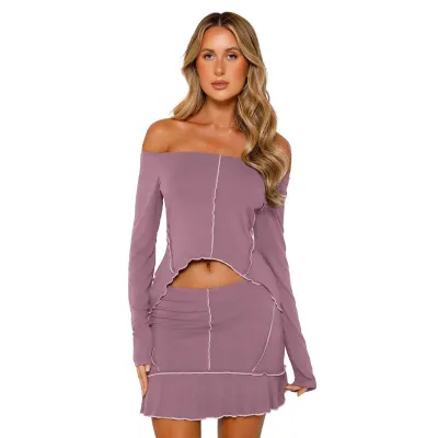 Women Fashion Sexy Off Shoulder Long Sleeve Crop Top Skirt Two-Piece Set