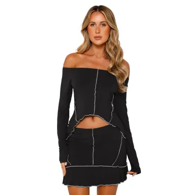 Women Fashion Sexy Off Shoulder Long Sleeve Crop Top Skirt Two-Piece Set