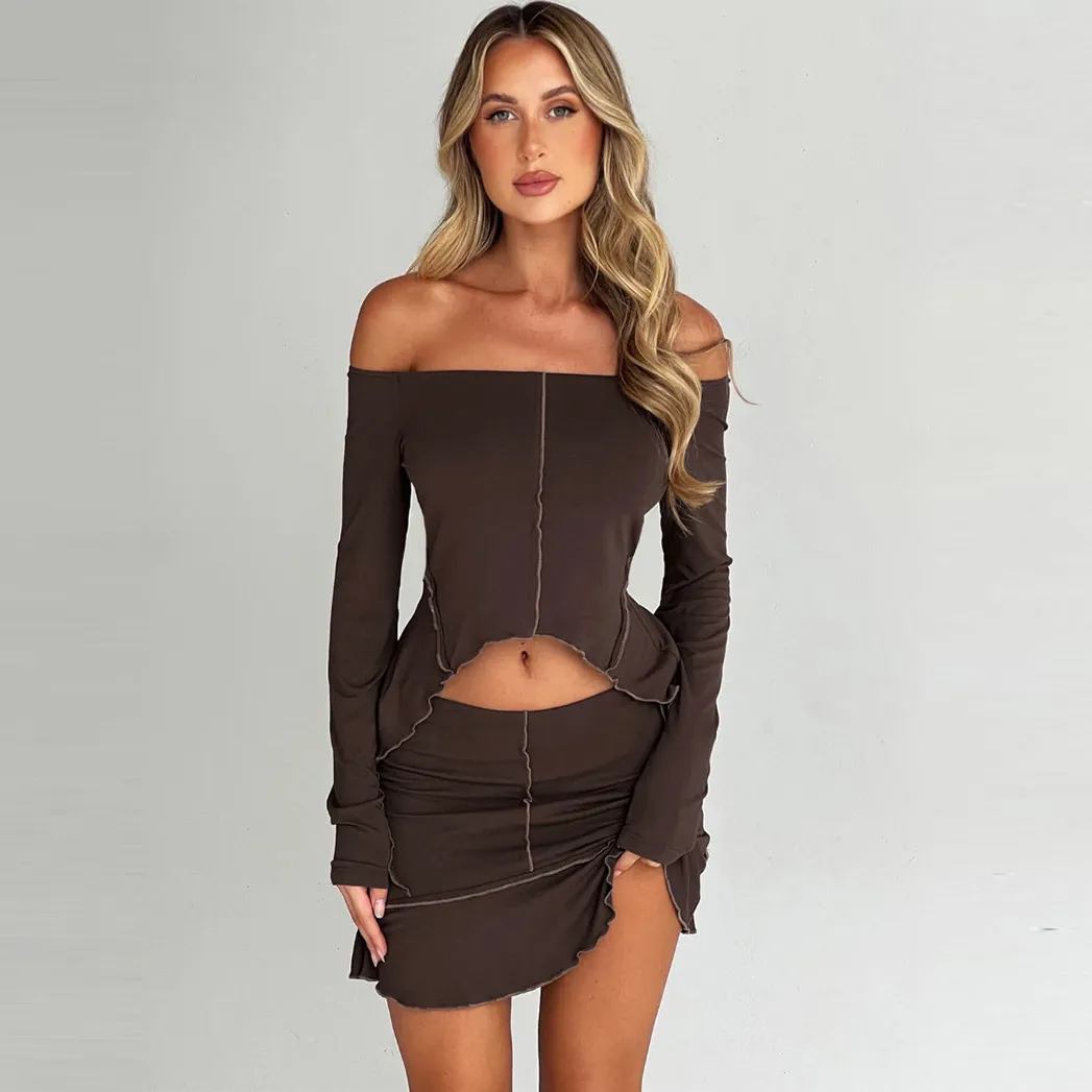 Women Fashion Sexy Off Shoulder Long Sleeve Crop Top Skirt Two-Piece Set