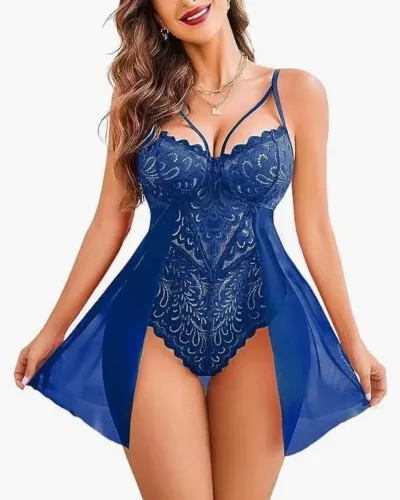 Women Fashion Sexy Lace Mesh Stitching One-Piece Bra Set