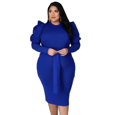 Plus Size Women Long Sleeve Belted Slim Urban Dress