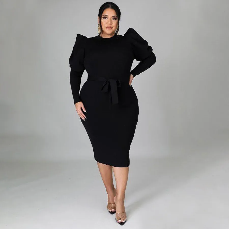 Plus Size Women Long Sleeve Belted Slim Urban Dress