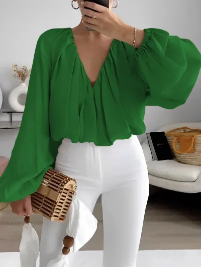 Women's V-Neck Printed Lantern Sleeve Loose Blouse