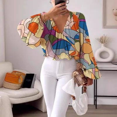 Women's V-Neck Printed Lantern Sleeve Loose Blouse