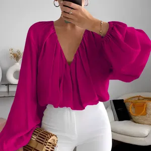 Women's V-Neck Printed Lantern Sleeve Loose Blouse