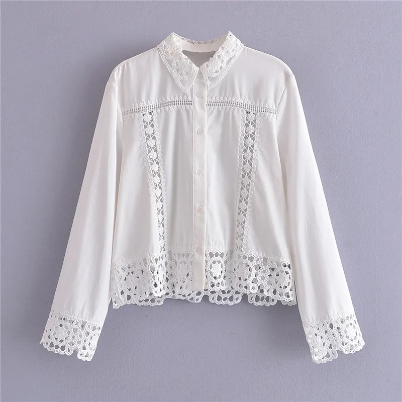 Women Spring Crochet Panel Lapel Single Breasted Long Sleeve Blouse