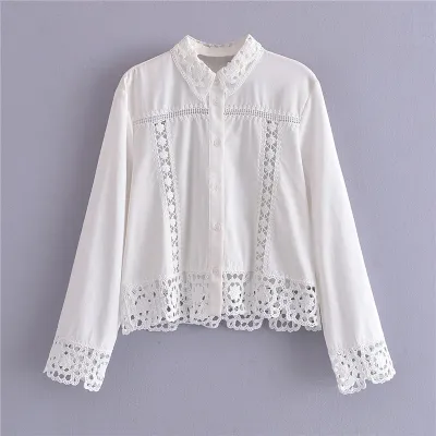 Women Spring Crochet Panel Lapel Single Breasted Long Sleeve Blouse