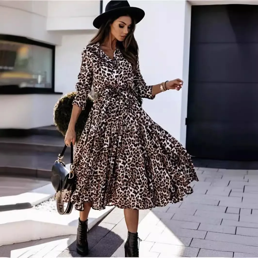 Women Autumn Winter Long Sleeve Leopard Print Casual Midi Dress
