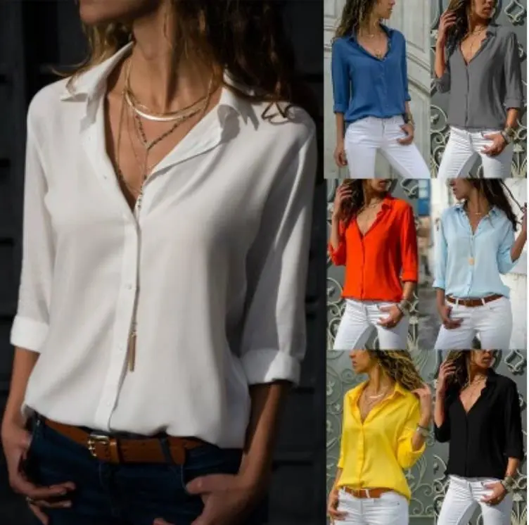 Casual Long Sleeve Women Button Chiffon Blouse
